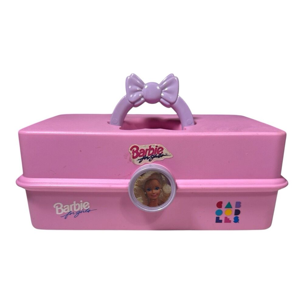 Vintage 90s Y2K CABOODLES Barbie Girl Pink Vanity Makeup Case Purple Bow Handle